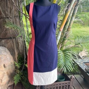 Lauren Ralph Lauren shift dress. Sleeveless dress in navy, peach and tan. Size 6